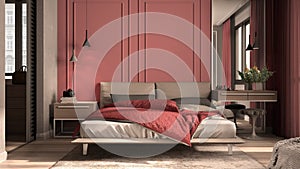 Minimal classic bedroom in red tones with walk-in closet, double bed with duvet and pillows, side tables with lamps, carpet.