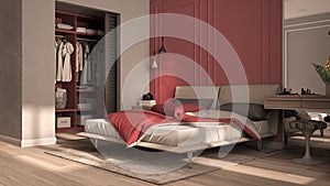 Minimal classic bedroom in red tones with walk-in closet, double bed with duvet and pillows, side tables with lamps, carpet.