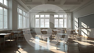 Minimal classroom with empty desks and natural light.