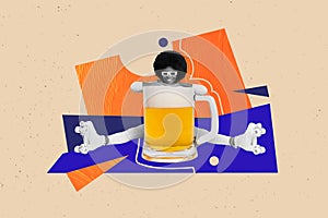 Minimal collage 3d pinup artwork of funky positive girl sitting big large size tasty beer relax rest isolated on drawing