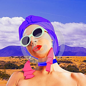Minimal collage. Mix photo and illustration. Stylish relax vacation Lady
