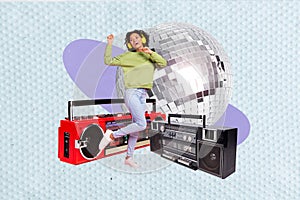 Minimal composite collage of dancing careless lady listen modern headphones boombox stereo music soundtrack disco ball