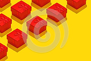 Minimal composition background with red gift boxes on yellow copy space