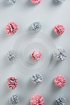 minimal composition christmas pattern christmas cones painted pink blue color