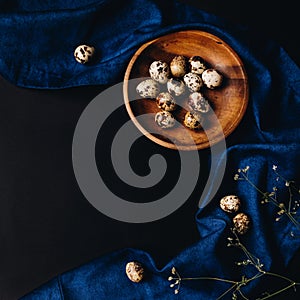 Minimal concept of fresh quail eggs in the wooden bowl on the dark background with blue saten or silk around and dry flowers in photo