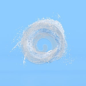 Minimal concept idea of white liquid splash in circle shape on blue background. 3D rendering