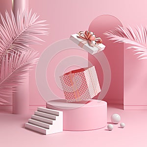 Minimal Concept Podium And Empty Pink Gift Box Bounce Open With Leaves Palm Background 3d Render