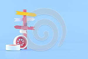 Minimal conceptual idea of signpost and car wheel on blue background. 3D rendering