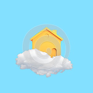 Minimal conceptual image of yellow house floating on white cloud. 3D rendering