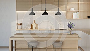 Minimal cozy kitchen white modern interior in farmhouse style. nordic kitchen in loft apartment. 3D rendering.