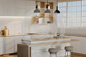 Minimal cozy kitchen white modern interior in farmhouse style. nordic kitchen in loft apartment. 3D rendering.