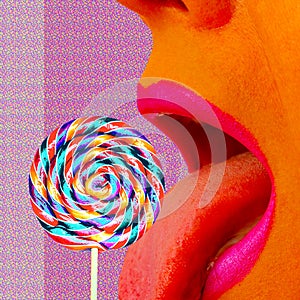 Minimal creative collage. Funny fast food art. Lolli pop Candy lover Girl