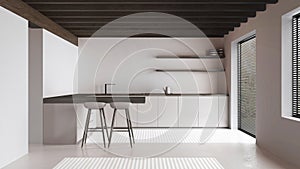 Minimal dark wooden kitchen in white and beige tones. Resin floor and wooden ceiling. Cabinets, island with stools and appliances