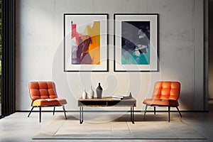 minimal design appartment, a wall with 2 or 3 picture frames, modern living-room, colourful furniture