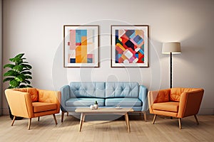 minimal design appartment, a wall with 2 or 3 picture frames, modern living-room, colourful furniture