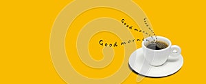 Minimal design Coffee Poster Advertisement Flayers with text good morning on yellow background, space for text add.