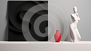 Minimal Design Sculpture: Black Abstract Wall Art With White Vase