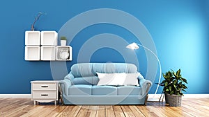 Minimal designs, living room interior with sofa plants and lamp on blue wall background. 3D rendering