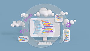 Minimal desktop with coding symbols and programming windows 3D illustration