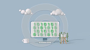 Minimal desktop computer with binary code cartoon style 3D render illustration