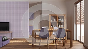 Minimal dining and living room in white and purple tones. Wooden table with chairs, partition wall with wallpaper over