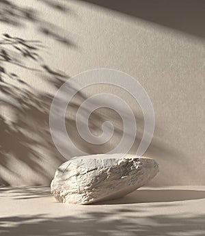 Minimal Display Rock Stone For Show Product With Sunlight Tree Shadow On Cement Wall Abstract Background 3d Render