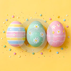 Minimal Easter Eggs With Floral Patterns On Bright Yellow Background