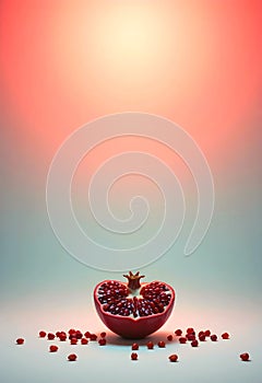 Minimal Elegant Pomegranate Half With Scattered Seeds Under Soft Gradient Studio Light