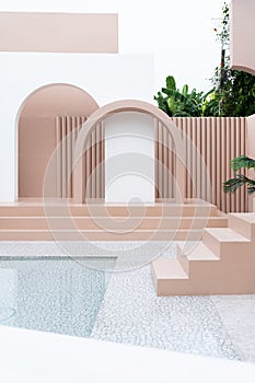 Minimal empty space scene with pink painted wall, arc , pink stair and artificial cactus for photoshoot in natural light scene /