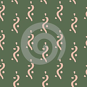 Minimal ethnic pattern repeat with hand drawn curve snake stripes in pink over green background. Seamless vector