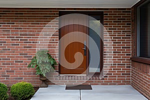 minimal exterior shot, wooden front door in brick wall