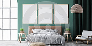 Minimal farmhouse bedroom design, interior frame mockup with brown leather bed on green wall