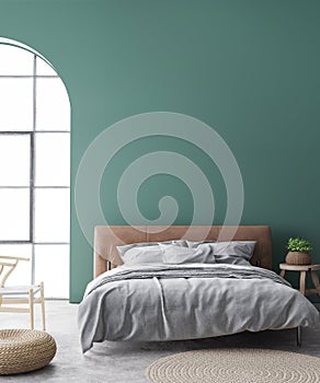 Minimal farmhouse bedroom design, interior wall mockup with brown leather bed on green wall background