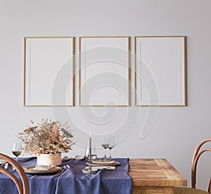 Minimal farmhouse dining room interior, beige mockup frame