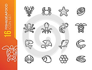 Minimal fish seafood line icon set