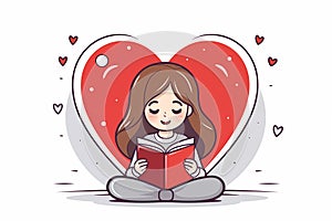 minimal flat design of girl reading book,modern character,decorated with heart shape by Generative AI