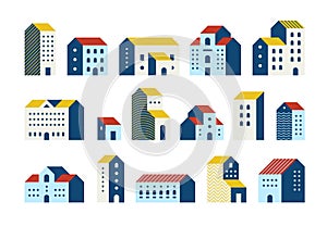 Minimal flat houses. Simple geometric buildings cartoon set, urban city town houses graphic. Vector minimal house