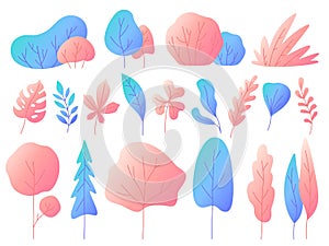 Minimal flat leaves with gradients. Color gradation trees, bushes and natural leaf. Floristic or botanical design vector