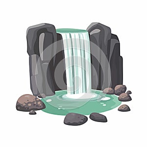 minimal flat A waterfall flowing into a pool surrounded by rocks. flat vector