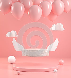 Minimal Form Stone Wing Display Fly With Balloon On Pink Pastel Abstract Bakground 3d Render