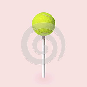 Minimal fun pop art tennis ball like candy on a stick. Minimal fun poster about sports and dessert.
