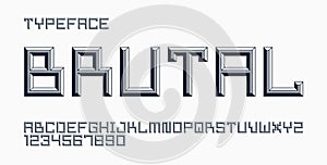 Minimal geometric cyberpunk font with facet effect, vector typeface in geometry volume style, future technology 3D urban beveled