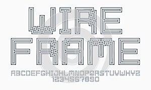 Minimal geometric cyberpunk font with facet effect, vector typeface in geometry volume style, future technology 3D urban beveled