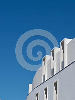 Minimal geometrical lines on the white modern building in Portugal. Artistic architectural forms