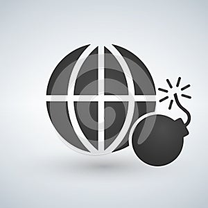 Minimal globe icon with bomb, no to terrorism, exploding, nuclear, illustration