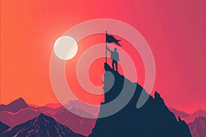 a minimal graphic of a business person at the top of a mountain. Business success and achievement