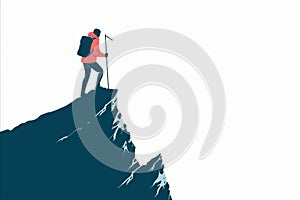 a minimal graphic of a business person at the top of a mountain. Business success and achievement