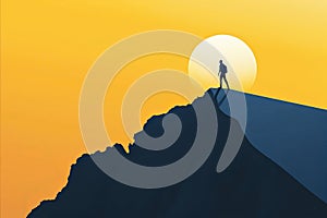 a minimal graphic of a business person at the top of a mountain. Business success and achievement