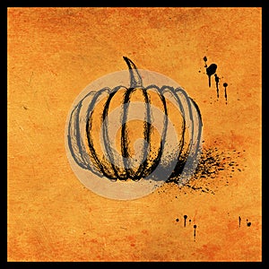 Minimal halloween design with hand drawn pumpkin and ink splatters on textured orange background. Scary greeting card and