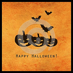 Minimal halloween design with jackolantern pumpkin and bats silhouette. Scary greeting card and invitation party poster. Modern